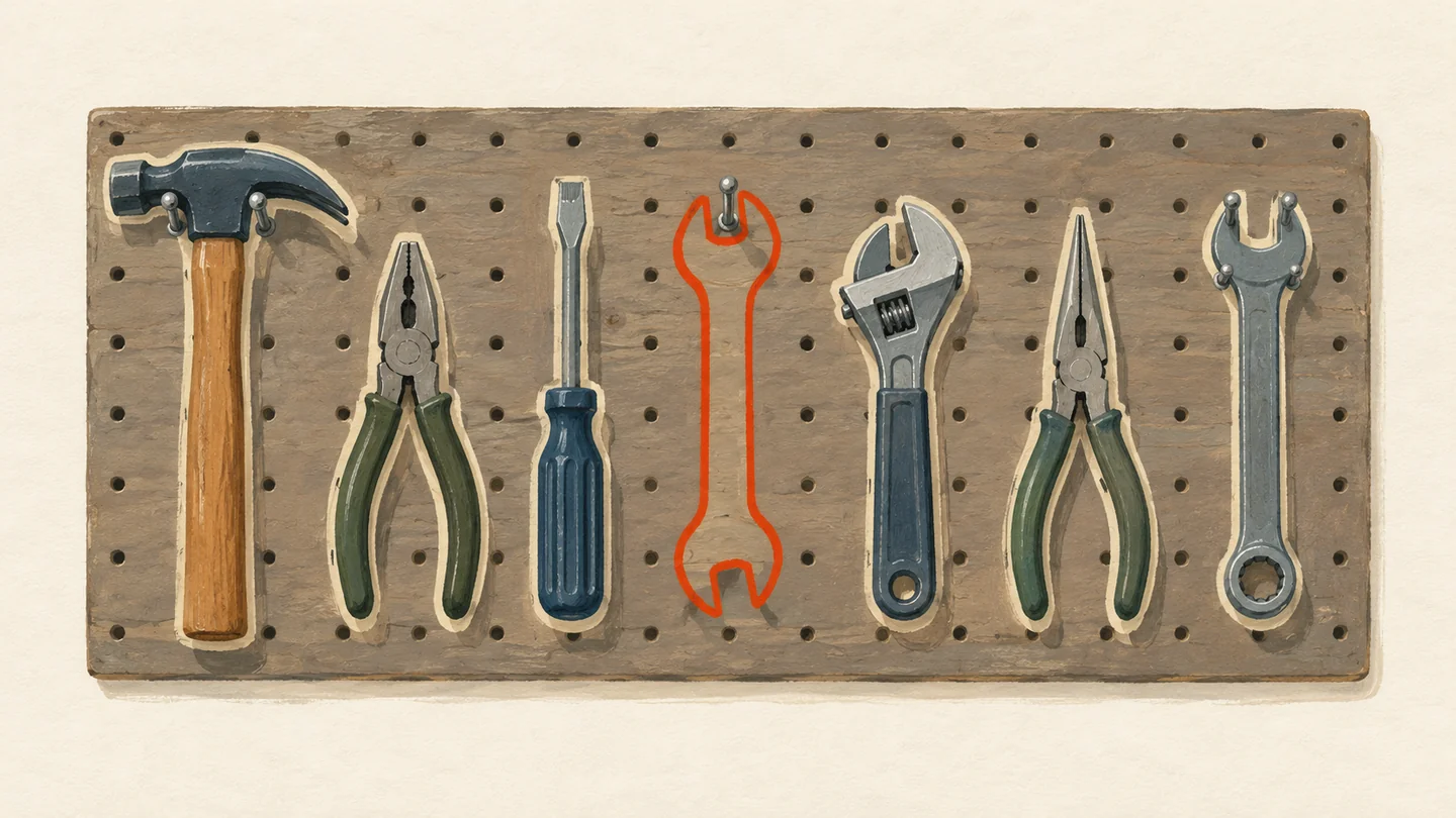 Gouache painting of a wooden pegboard wall with painted cream tool outlines, every tool in its place except one empty hook whose outline is vermilion
