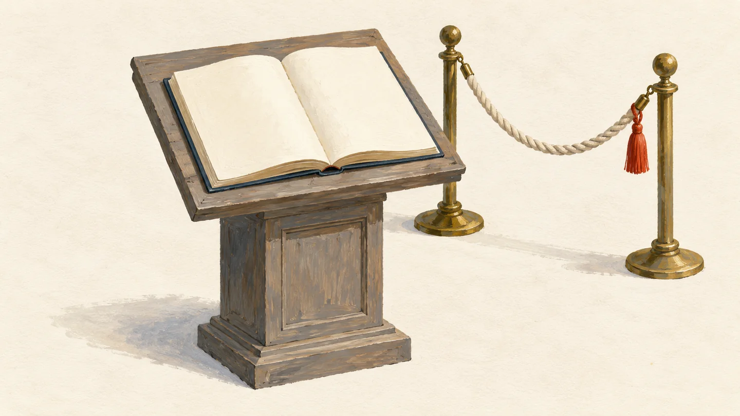 Gouache painting of a blank cream guest book lying open on a small wooden podium beside a rope barrier, one vermilion ribbon marking the page