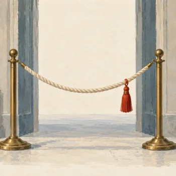 Gouache painting of two brass posts joined by a cream rope across an open doorway, a vermilion tassel hanging from the rope