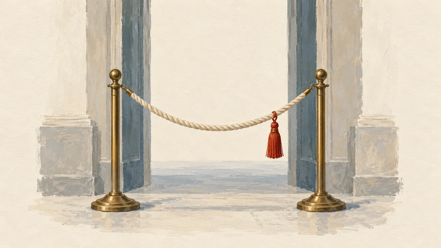 Gouache painting of two brass posts joined by a cream rope across an open doorway, a vermilion tassel hanging from the rope
