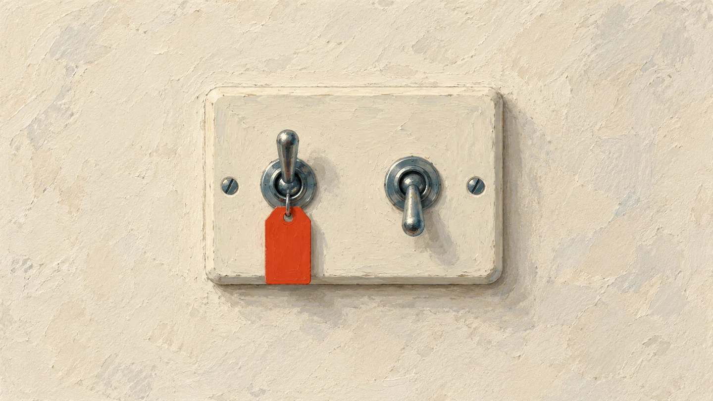 Gouache painting of a small cream wooden panel with two toggle switches on a plaster wall, one flipped up with a vermilion tag and one flipped down