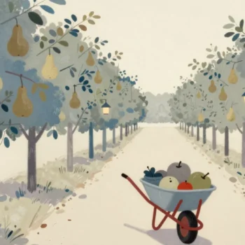 Gouache painting of a wheelbarrow with vermilion handles carrying a basket of fruit down an orchard row of pear trees