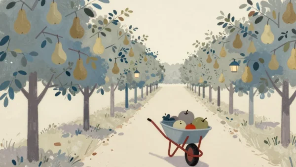 Gouache painting of a wheelbarrow with vermilion handles carrying a basket of fruit down an orchard row of pear trees