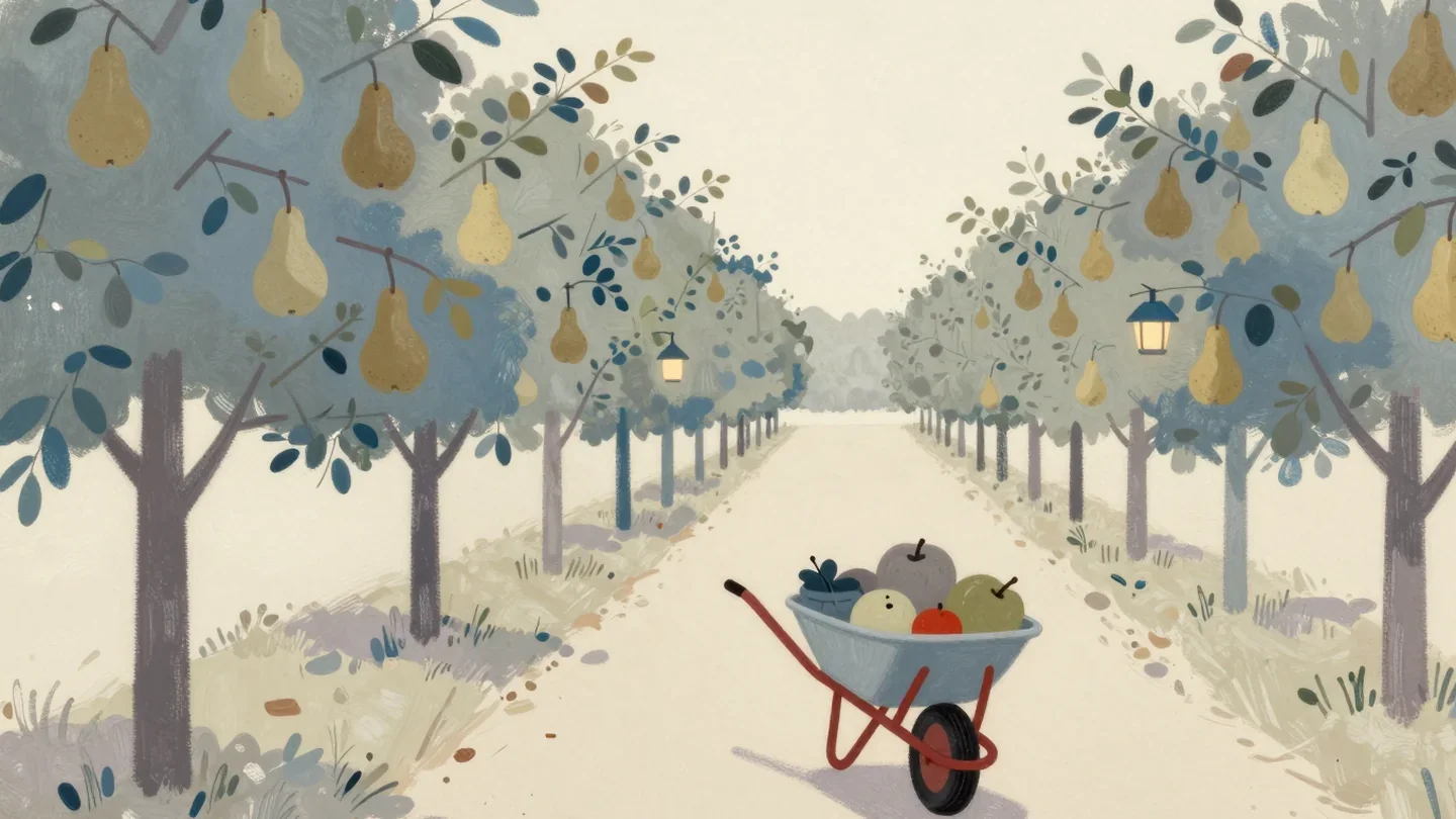 Gouache painting of a wheelbarrow with vermilion handles carrying a basket of fruit down an orchard row of pear trees