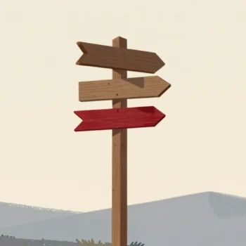 Gouache painting of a trail post with three arrow pointers, one of them vermilion