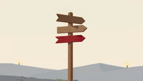 Gouache painting of a trail post with three arrow pointers, one of them vermilion