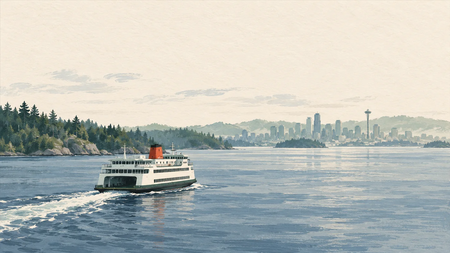 Gouache painting of a ferry crossing a calm blue bay toward an evergreen shoreline and a distant city skyline with one slim tower, the ferry funnel in vermilion.