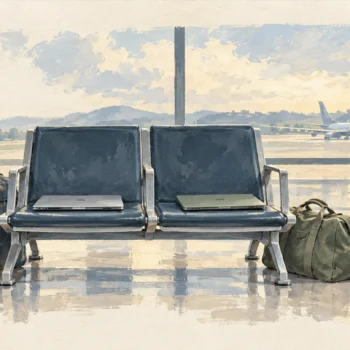 Gouache painting of two closed laptops on neighboring airport bench seats with a travel bag beside each, one vermilion luggage tag.