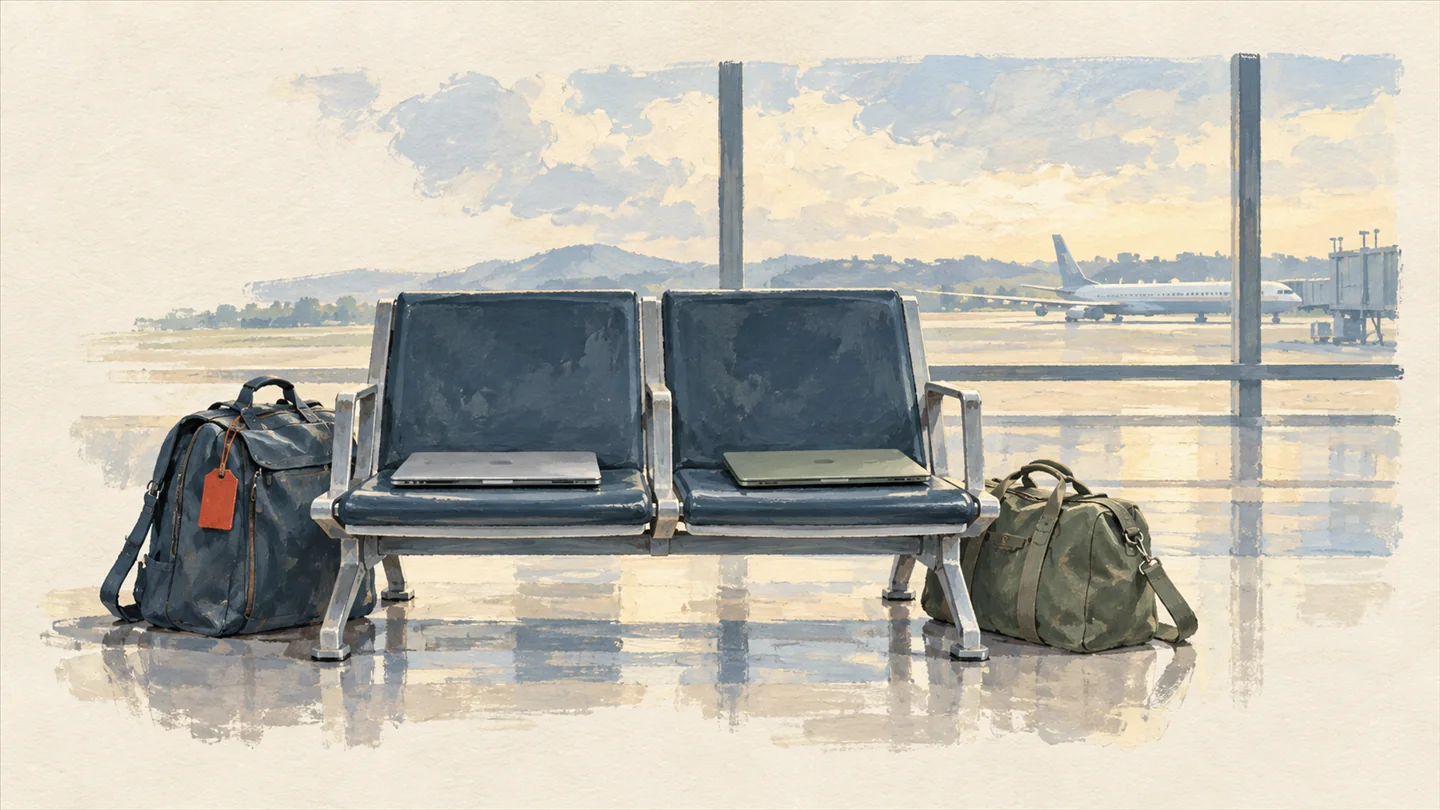 Gouache painting of two closed laptops on neighboring airport bench seats with a travel bag beside each, one vermilion luggage tag.