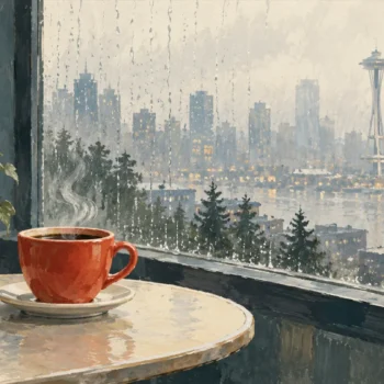 Gouache painting of a steaming vermilion coffee cup on a cafe table beside a rain-streaked window with a faint tower in the mist.