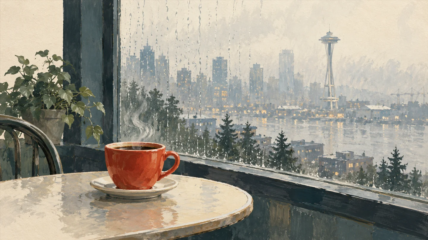 Gouache painting of a steaming vermilion coffee cup on a cafe table beside a rain-streaked window with a faint tower in the mist.