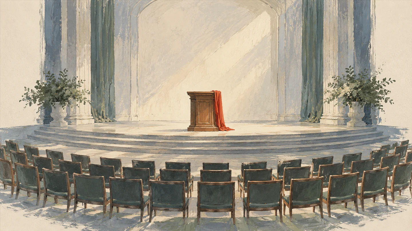 Gouache painting of a bare wooden lectern on a wide stage above an arc of empty chairs, with a vermilion cloth draped over the lectern.