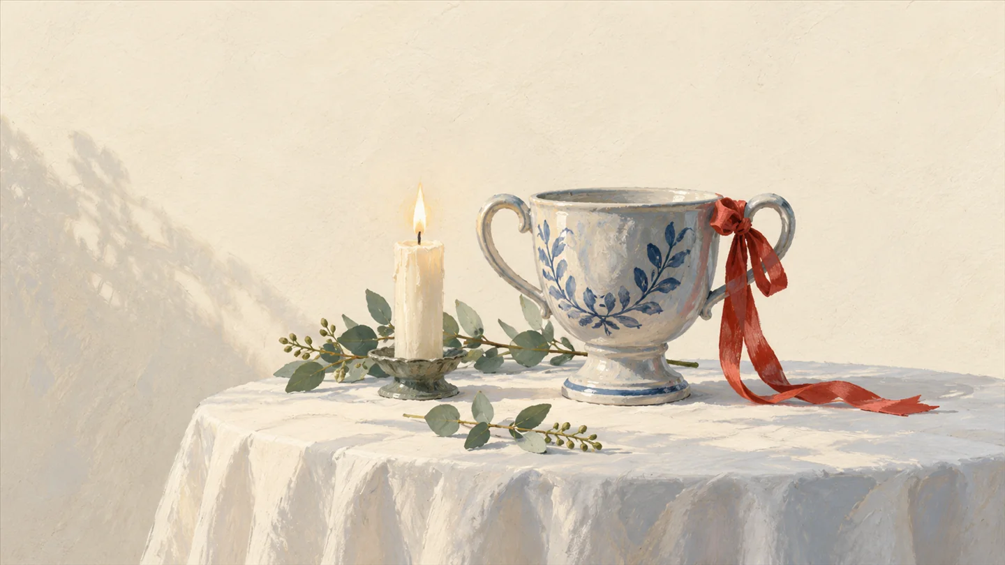 Gouache painting of a ceramic trophy cup on a white tablecloth beside a candle, with a vermilion ribbon tied to the handle.