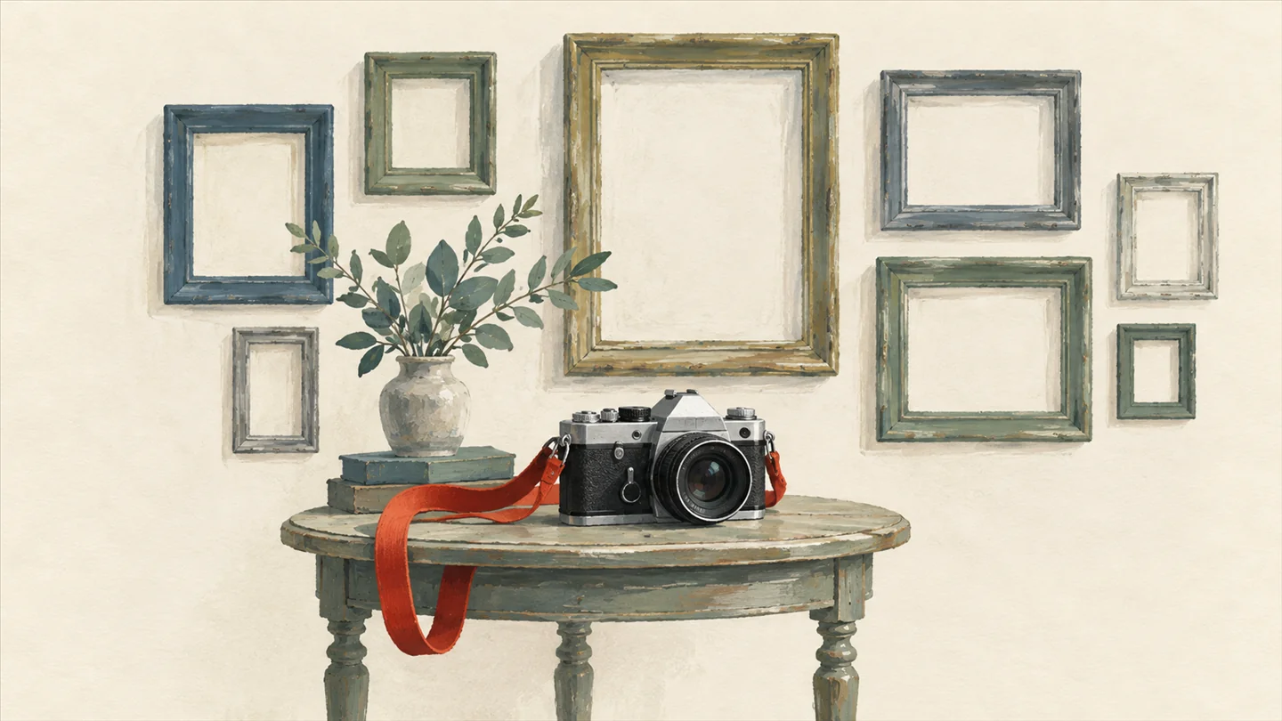 Gouache painting of an old film camera on a small table before a wall of empty picture frames, with a vermilion camera strap.