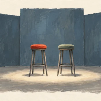 Gouache painting of an empty stage with two tall stools before a plain blue panel backdrop, one stool cushion in vermilion.