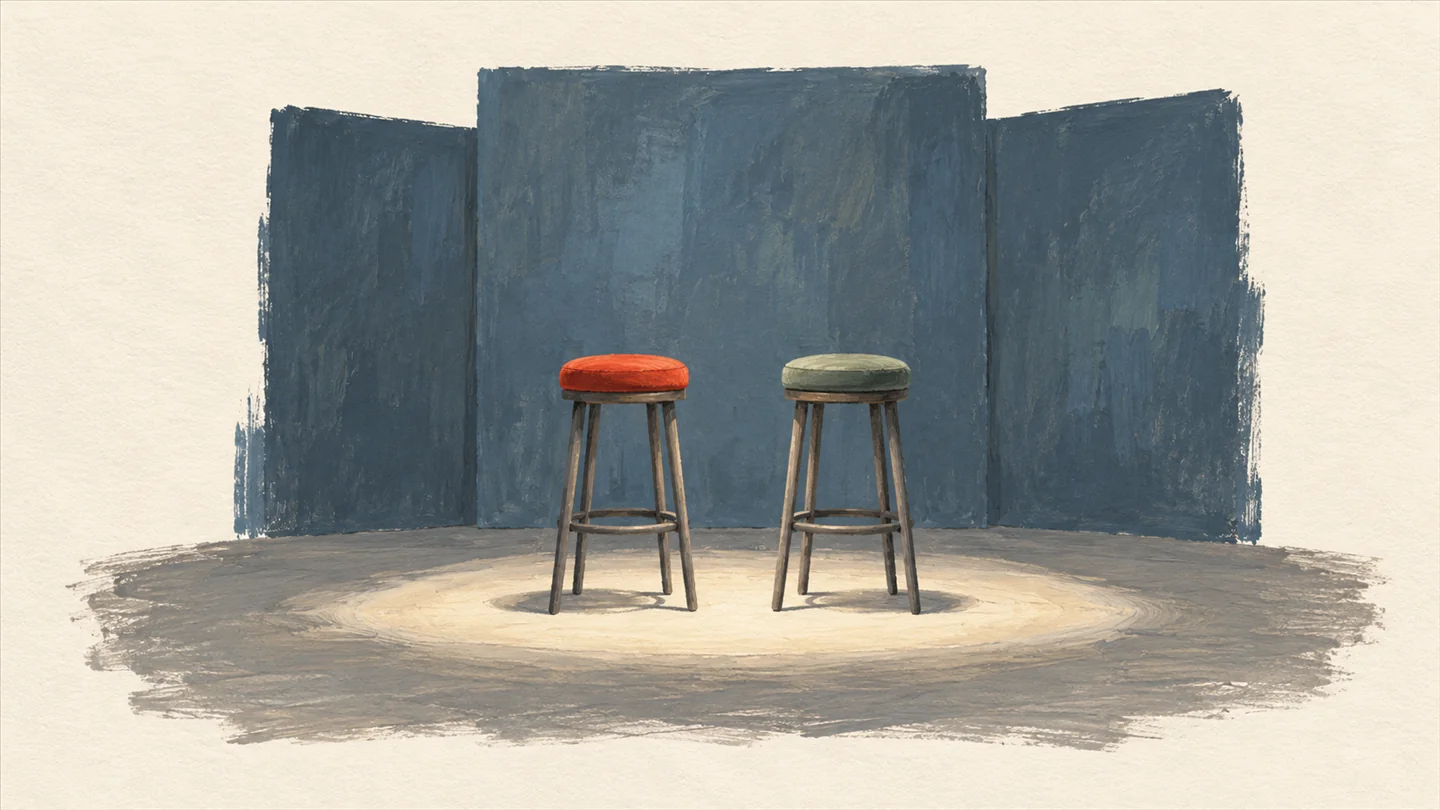 Gouache painting of an empty stage with two tall stools before a plain blue panel backdrop, one stool cushion in vermilion.