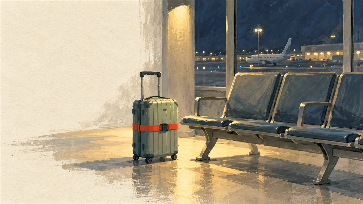 Gouache painting of a carry-on suitcase beside a row of empty airport chairs at night, with a vermilion strap around the suitcase.