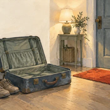 Gouache painting of an open empty suitcase and a pair of worn shoes beside a front door, with a vermilion doormat and a warm lamp.