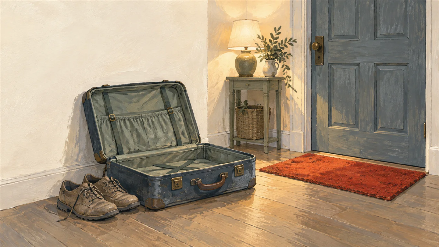 Gouache painting of an open empty suitcase and a pair of worn shoes beside a front door, with a vermilion doormat and a warm lamp.