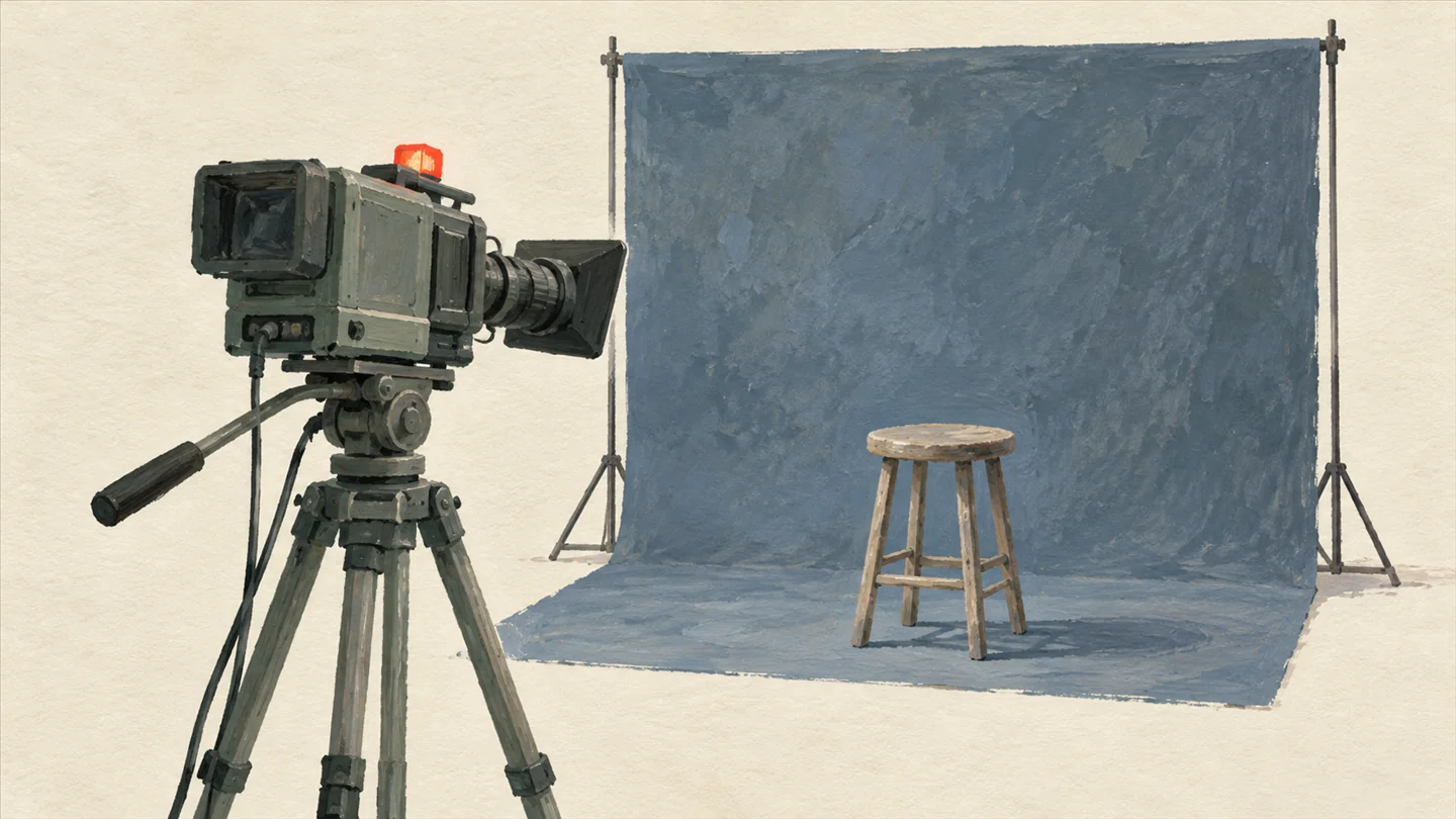 Gouache painting of a vintage video camera on a tripod facing a wooden stool before a blue backdrop, with a small vermilion tally lamp.