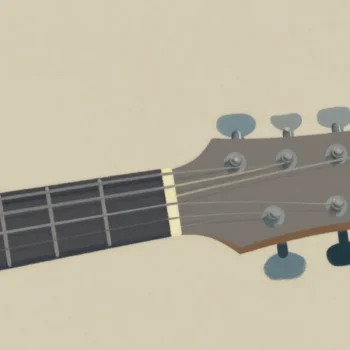 Gouache painting of a guitar headstock with tuning pegs, one shifted peg vermilion