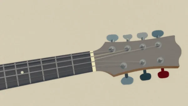 Gouache painting of a guitar headstock with tuning pegs, one shifted peg vermilion