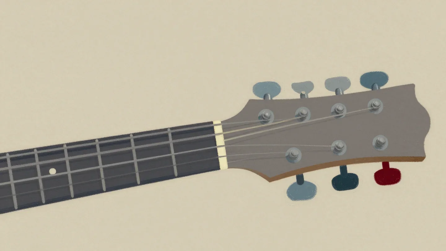 Gouache painting of a guitar headstock with tuning pegs, one shifted peg vermilion