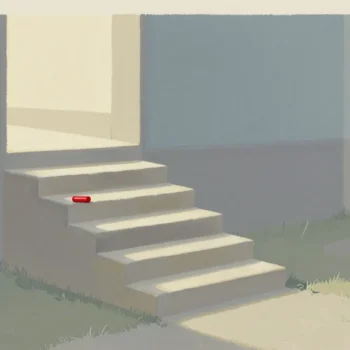 Gouache painting of a stone staircase descending into a sunken orchard corner with the first step painted red