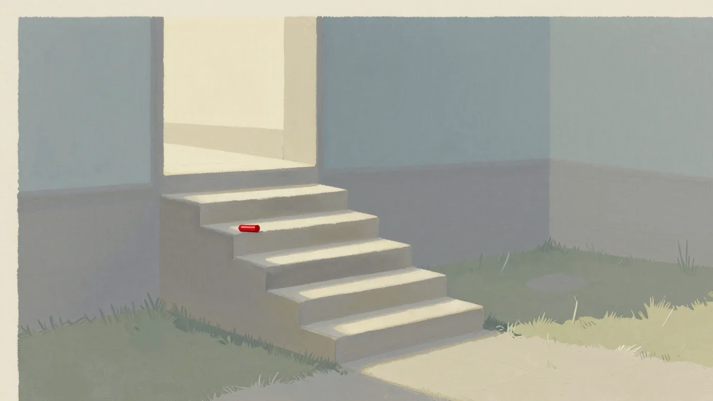 Gouache painting of a stone staircase descending into a sunken orchard corner with the first step painted red