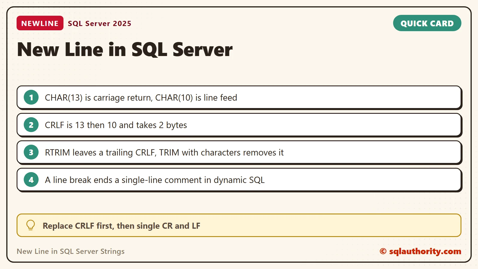Quick reference card: New Line in SQL Server Strings: CHAR(13) and CHAR(10)