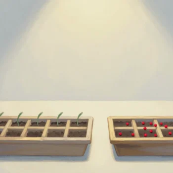 Gouache painting of two seed trays, one with seeds planted in order ending in a vermilion seed and one with seeds scattered