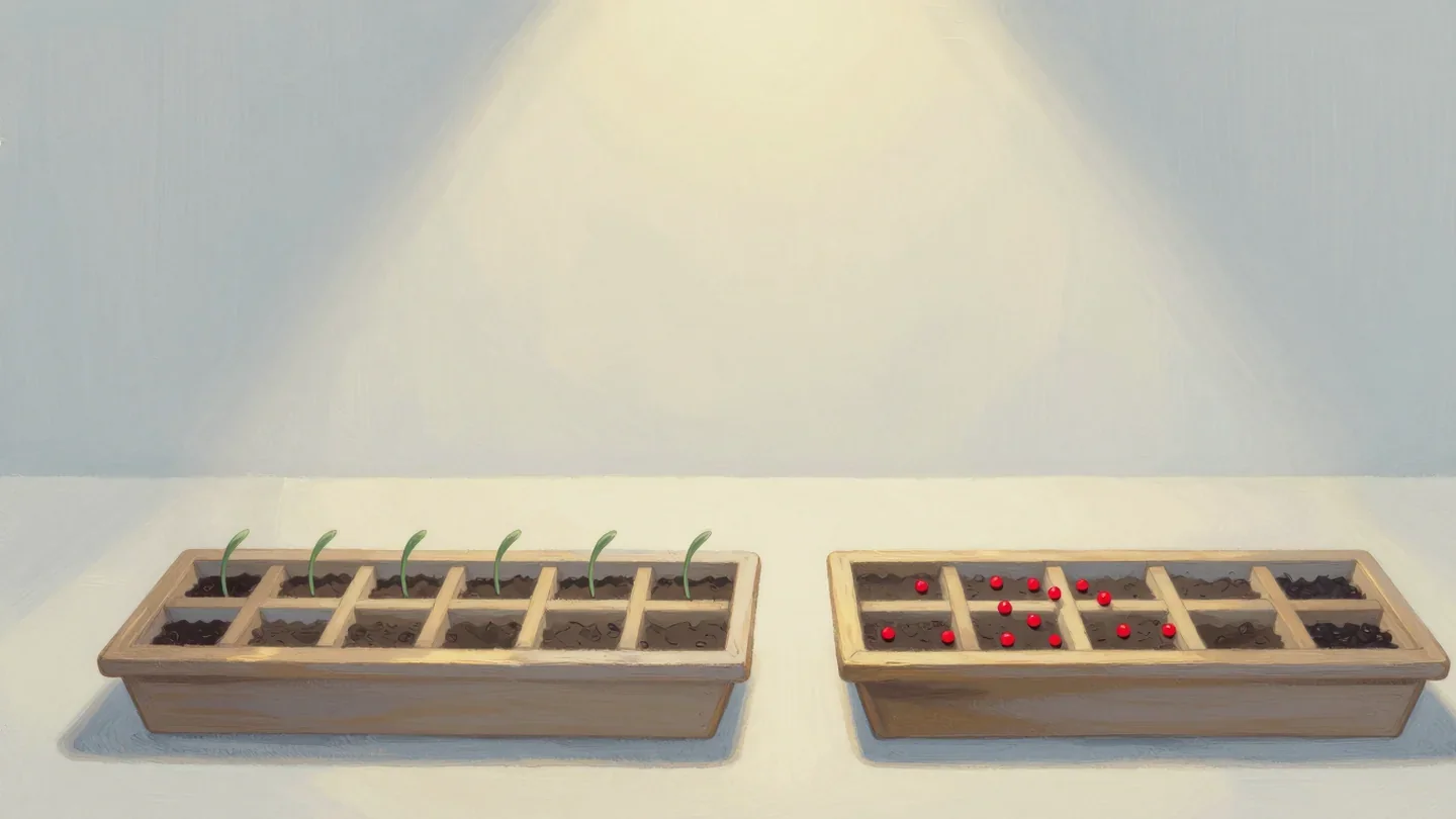 Gouache painting of two seed trays, one with seeds planted in order ending in a vermilion seed and one with seeds scattered