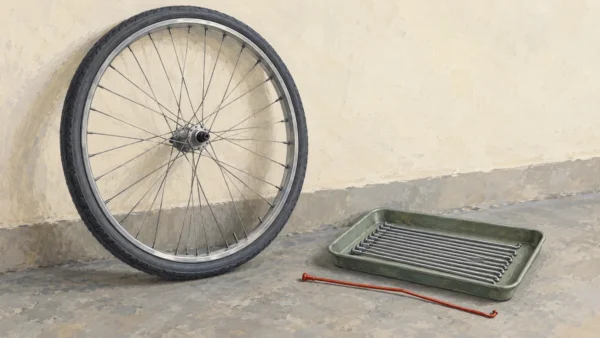 Gouache painting of a bicycle wheel leaning on a wall, with a tray of plain identical spokes and one single vermilion spoke laid beside it