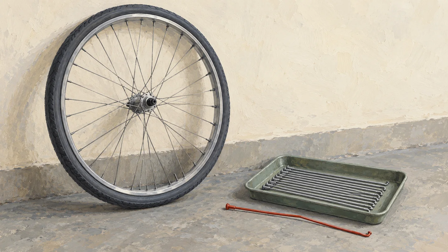 Gouache painting of a bicycle wheel leaning on a wall, with a tray of plain identical spokes and one single vermilion spoke laid beside it