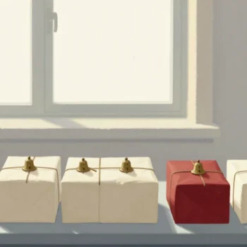 Gouache painting of a row of cream parcels each with a small brass bell on top, one parcel wrapped in vermilion