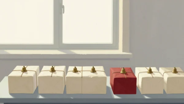Gouache painting of a row of cream parcels each with a small brass bell on top, one parcel wrapped in vermilion