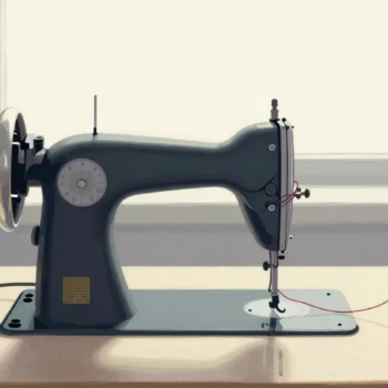 Gouache painting of an antique sewing machine beside two spools whose threads form a tight vermilion knot