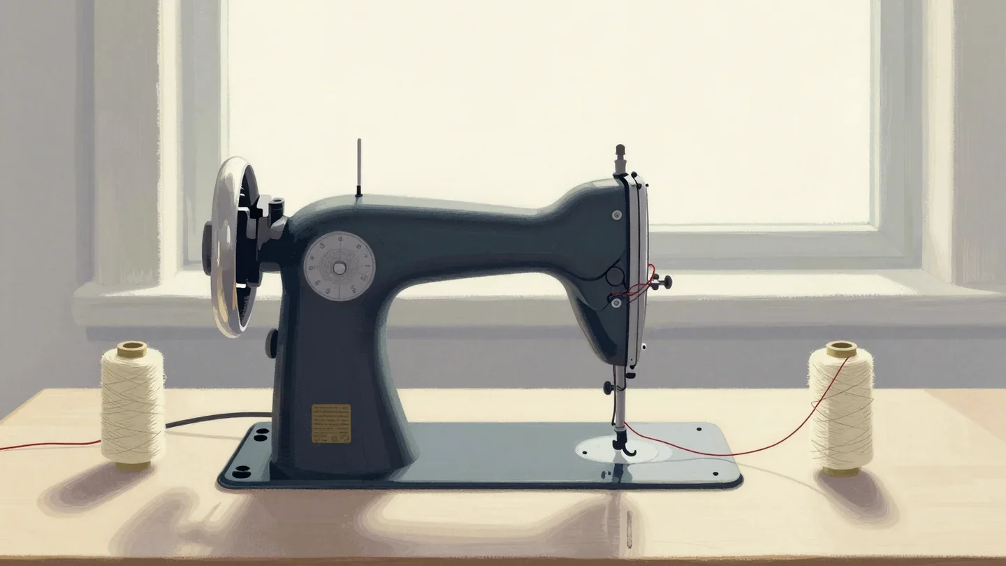 Gouache painting of an antique sewing machine beside two spools whose threads form a tight vermilion knot