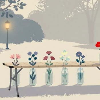 Gouache painting of a folding table in a park with tall slender jars of flowers, the last one vermilion
