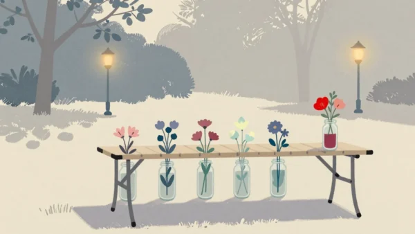 Gouache painting of a folding table in a park with tall slender jars of flowers, the last one vermilion