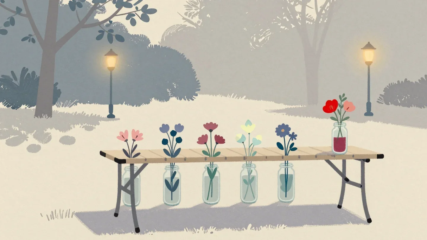 Gouache painting of a folding table in a park with tall slender jars of flowers, the last one vermilion
