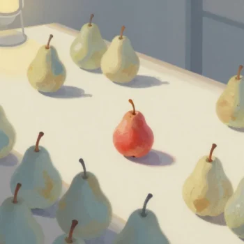 Gouache painting of pears spread evenly across a market table with one vermilion pear in the middle