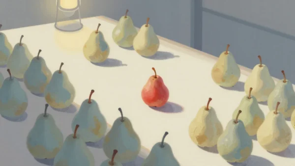 Gouache painting of pears spread evenly across a market table with one vermilion pear in the middle