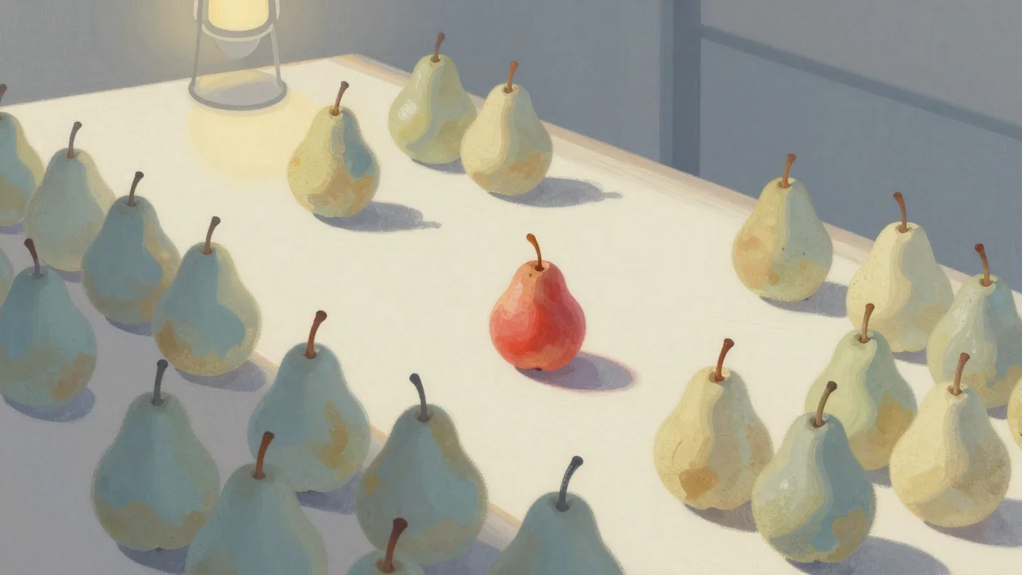 Gouache painting of pears spread evenly across a market table with one vermilion pear in the middle