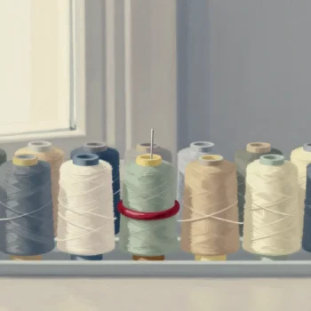 Gouache painting of a tray of cream, sage and slate thread spools with one spool wearing a vermilion ring