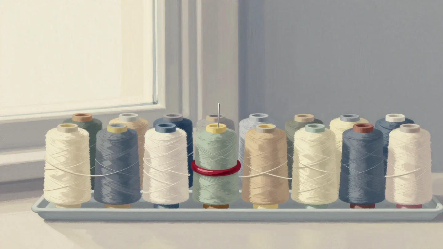 Gouache painting of a tray of cream, sage and slate thread spools with one spool wearing a vermilion ring