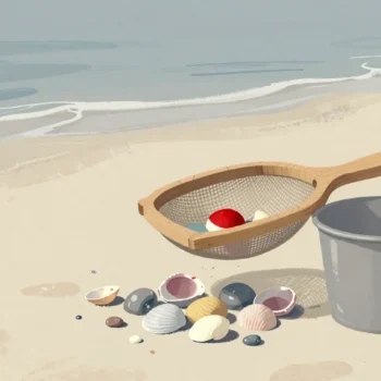 Gouache painting of a wooden sieve beside a grey pail on a beach, with a heap of shells and one vermilion shell in the sieve