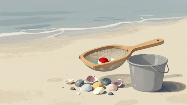 Gouache painting of a wooden sieve beside a grey pail on a beach, with a heap of shells and one vermilion shell in the sieve