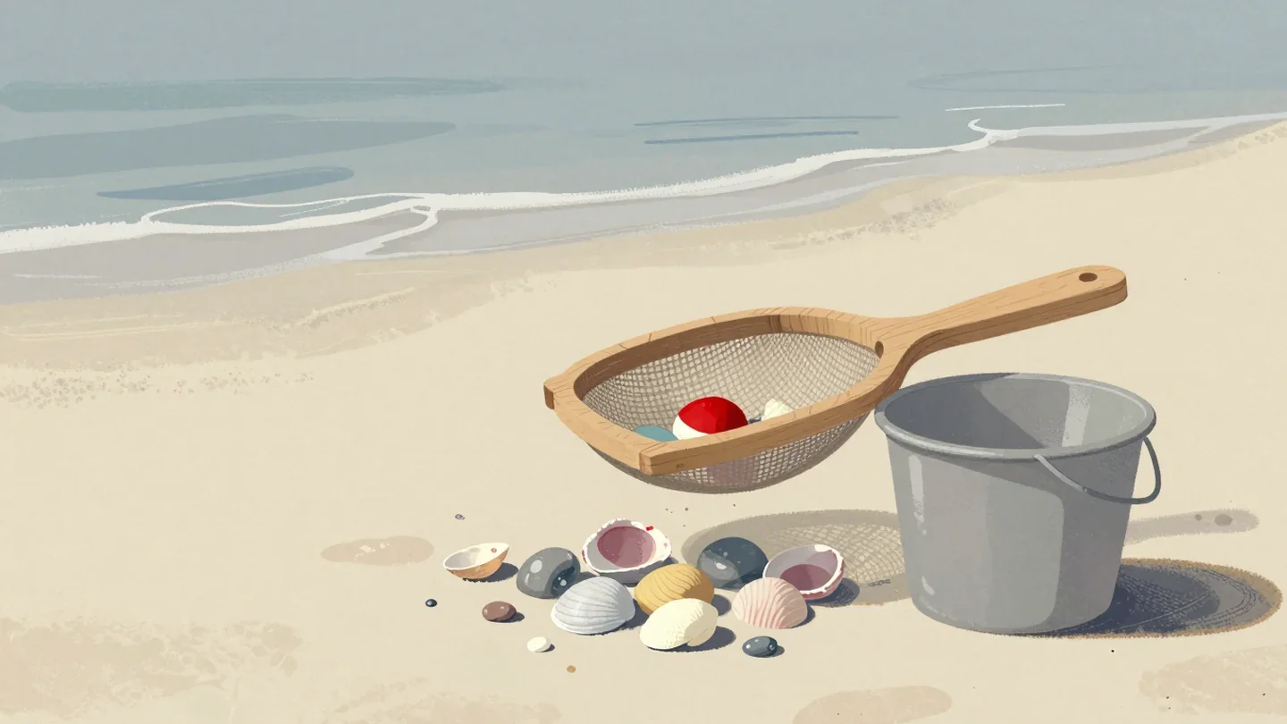 Gouache painting of a wooden sieve beside a grey pail on a beach, with a heap of shells and one vermilion shell in the sieve