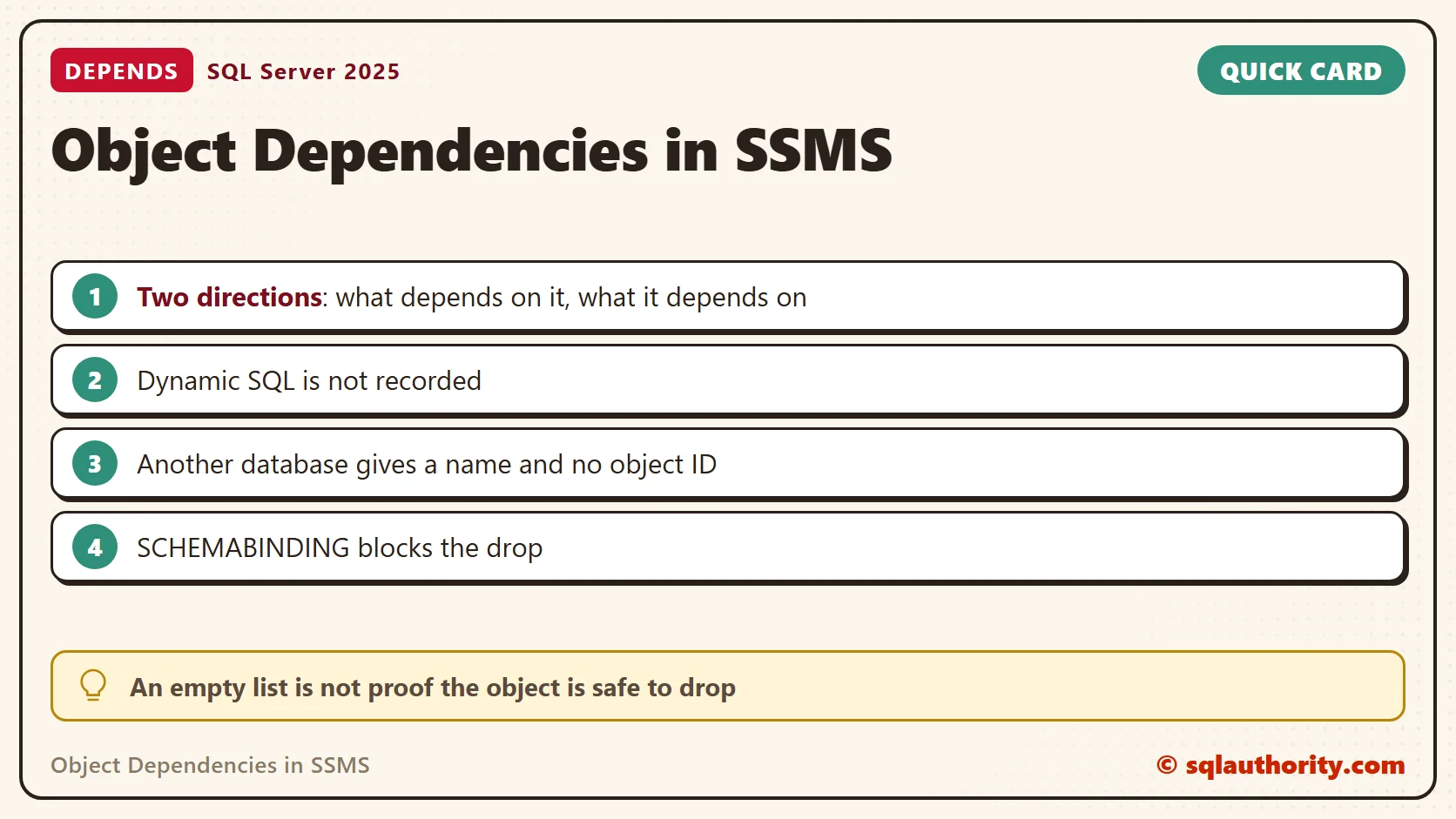 Quick reference card: Object Dependencies in SSMS: SQL in Sixty Seconds #071